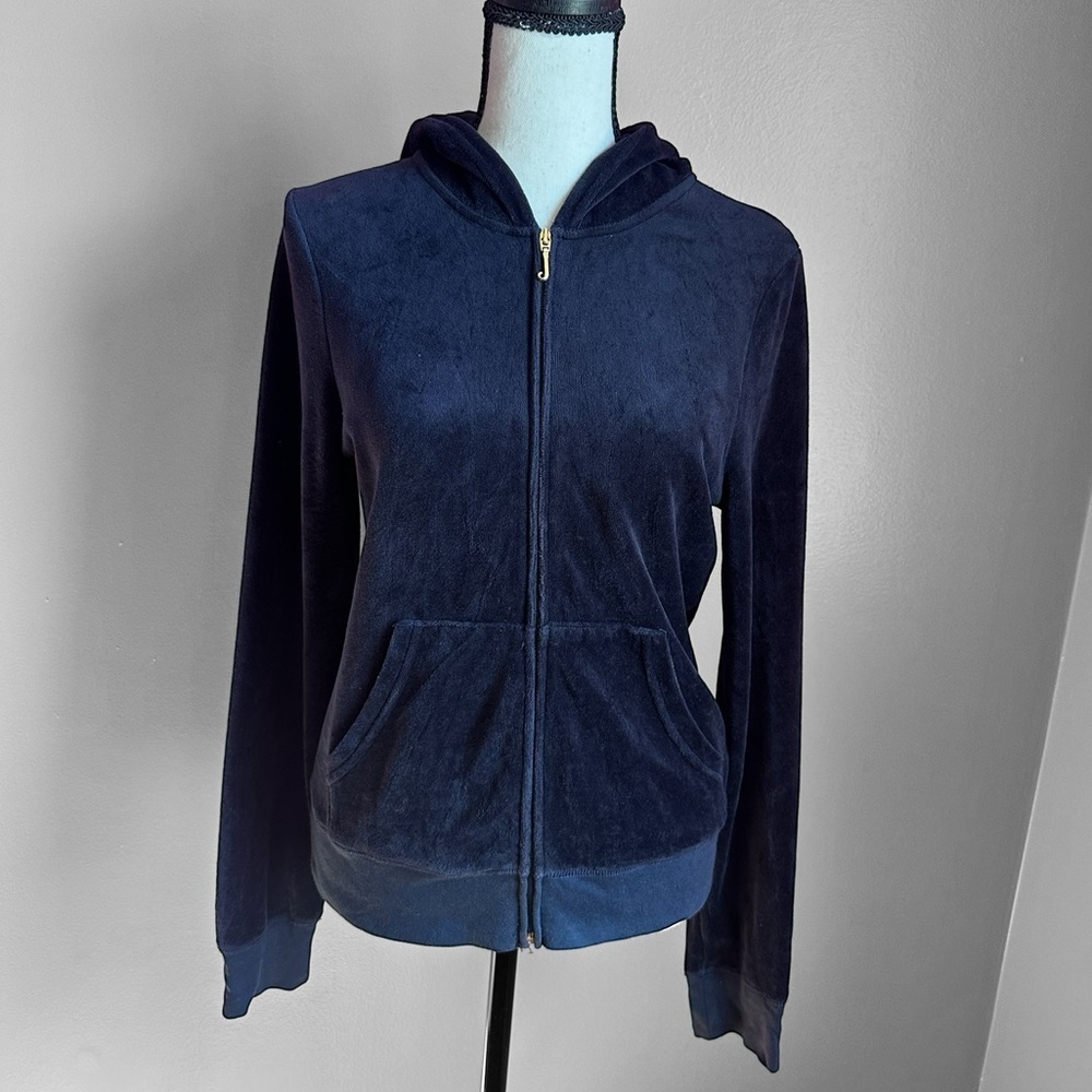 Juicy Couture Navy Blue Velour Zip Up Hoodie Size Large